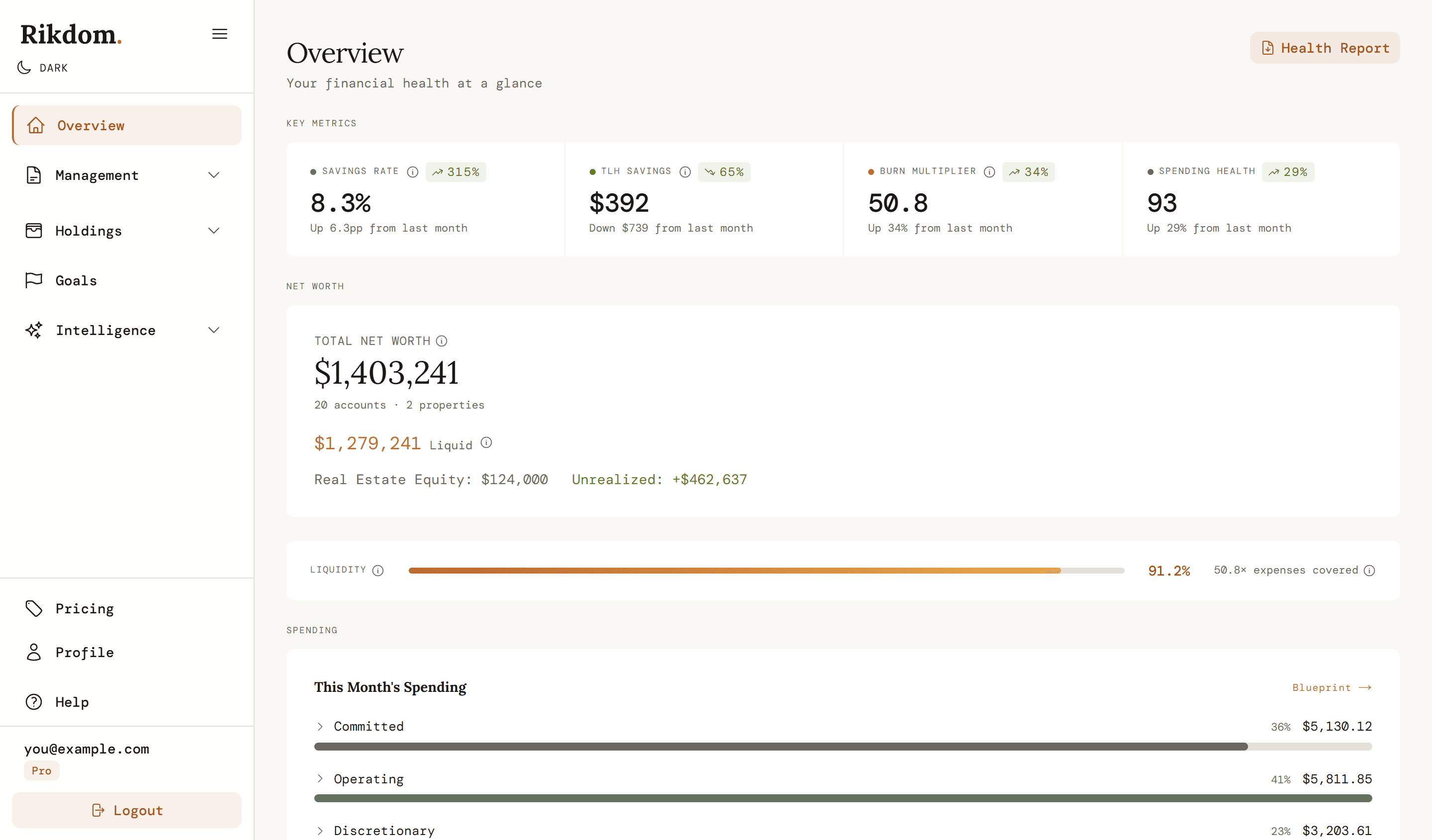 Rikdom dashboard showing net worth, savings rate, and portfolio overview